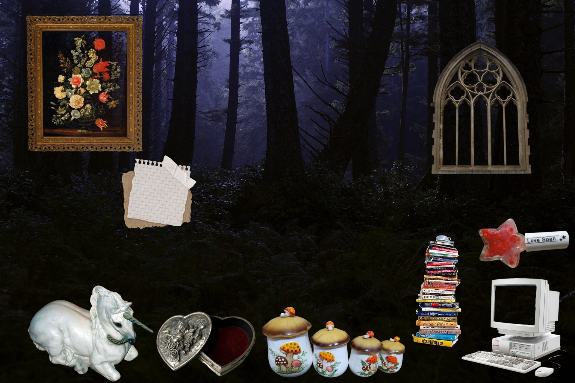 An illustrated den scene in a dark forest, with a painting, a gothic window, a note, a unicorn figurine, a heart-shaped box, mushroom jars, a stack of books, a love spell wand, and an old computer.